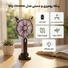 پنکه‌ دستی شارژی مدل پایه دار کرومی کد Mini Circle Portable & Rechargeable Fan