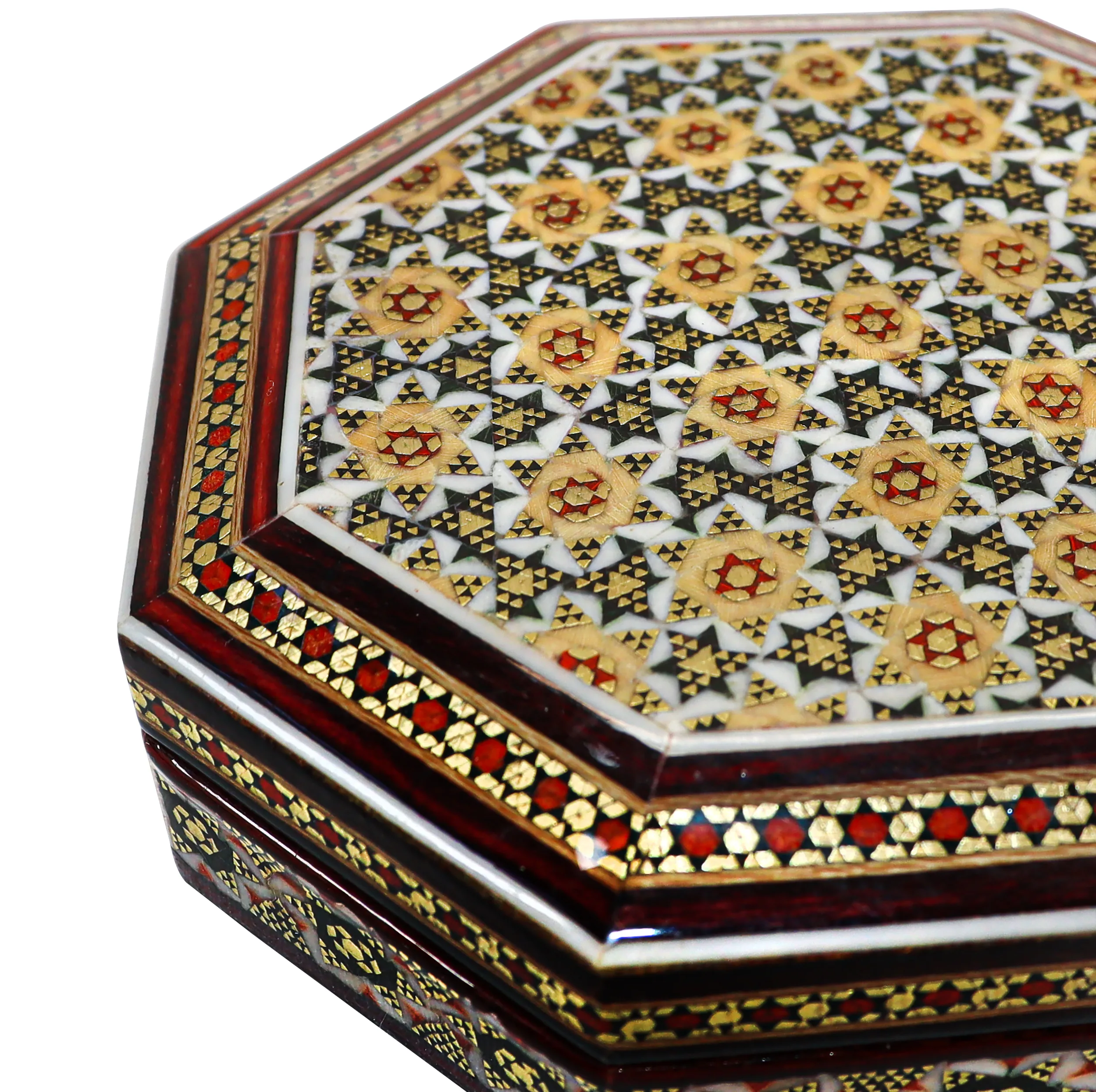جعبه جواهرات خاتم کاری چوبی صنایع دستی فاخر طرح 8 ضلعی کد 10103
