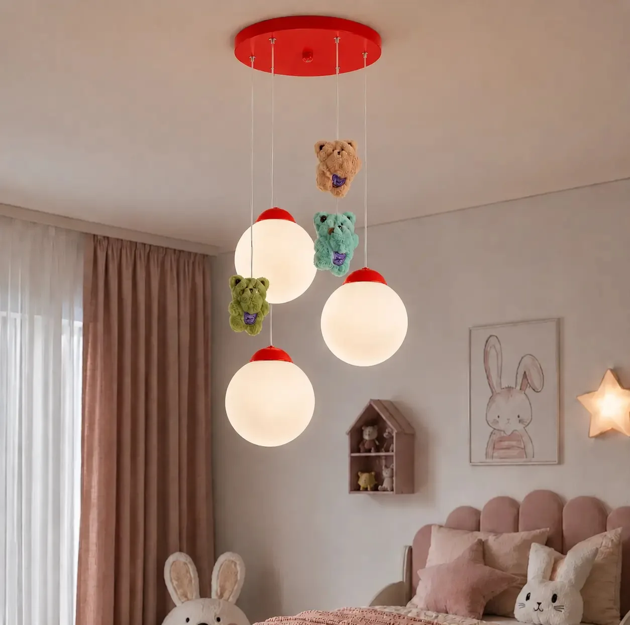 لوستر اتاق کودک چشمه نور کد R1617/3HB-RD مدل خرس خوشحال