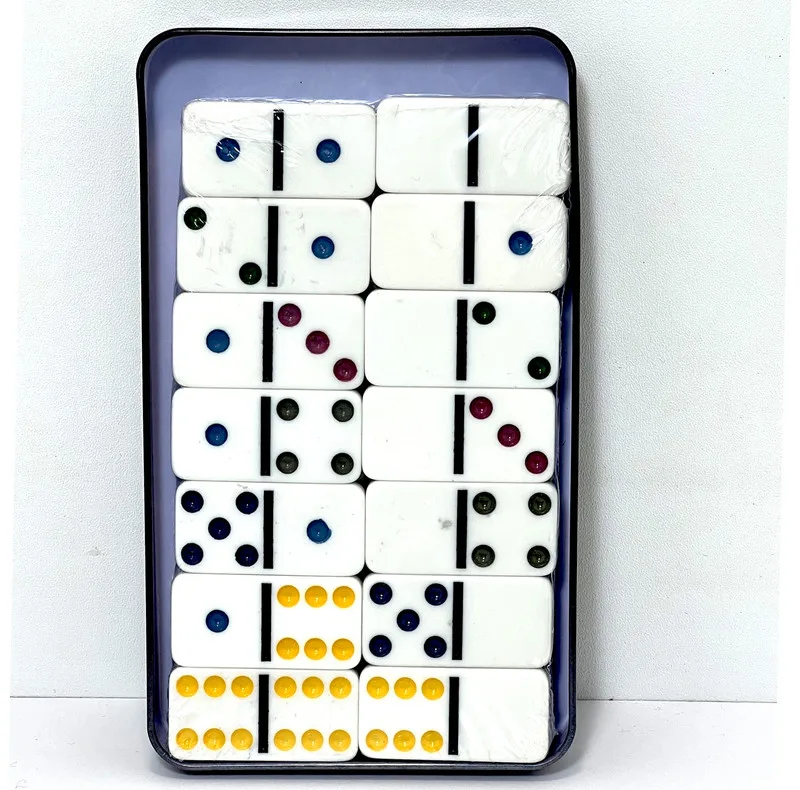 بازی فکری ناب سل مدل دومینو 28 عددی نقطه رنگی نشکن همراه با قاب فلزی کد DOUBLE SIX COLOR DOT DOMINOES NAAB001