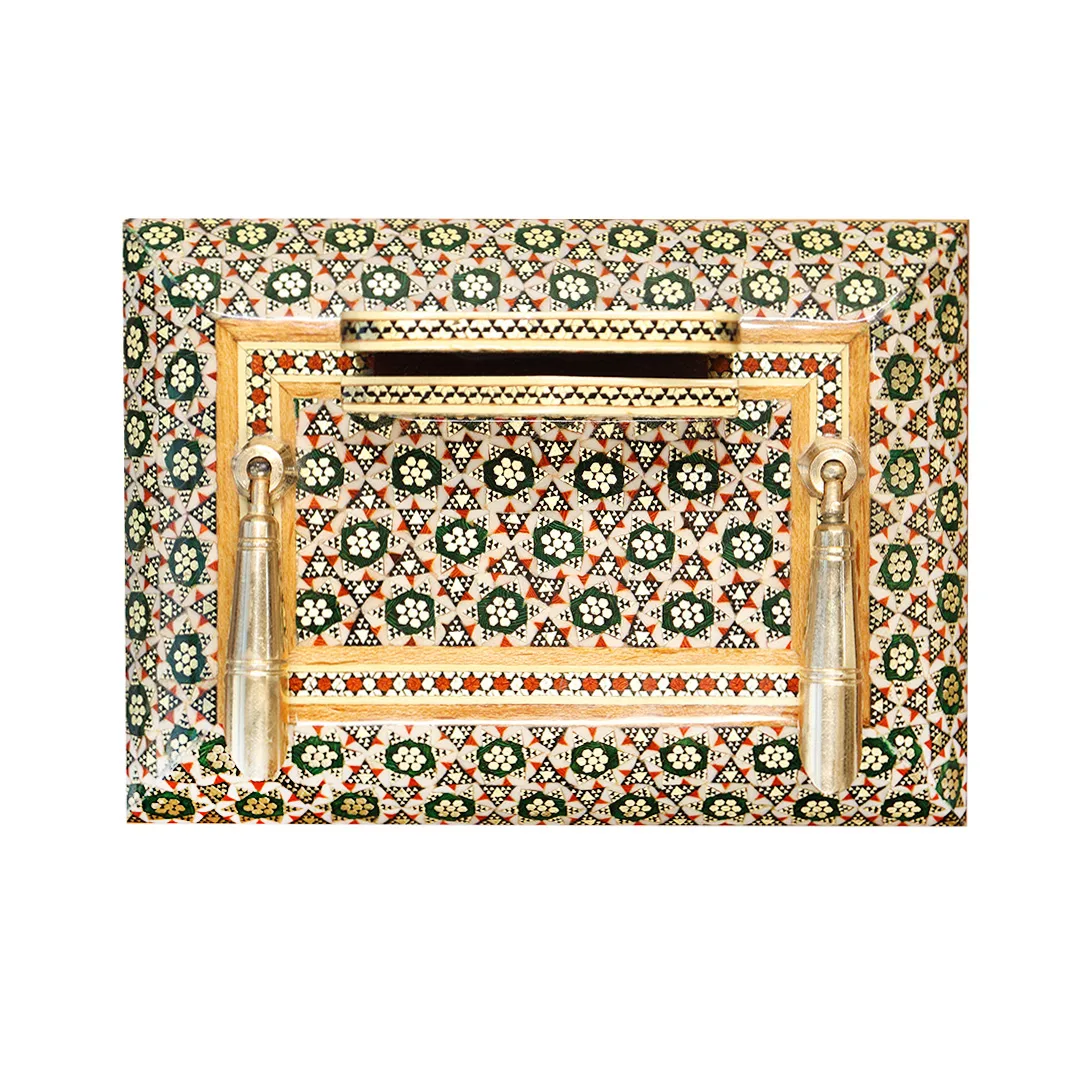 قلمدان خاتم کاری چوبی صنایع دستی فاخر مدل اداری طرح هفت شمسه کد 7sun15p10