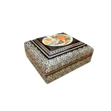 جعبه جواهرات خاتم کاری چوبی طرح گل و مرغ کد 04