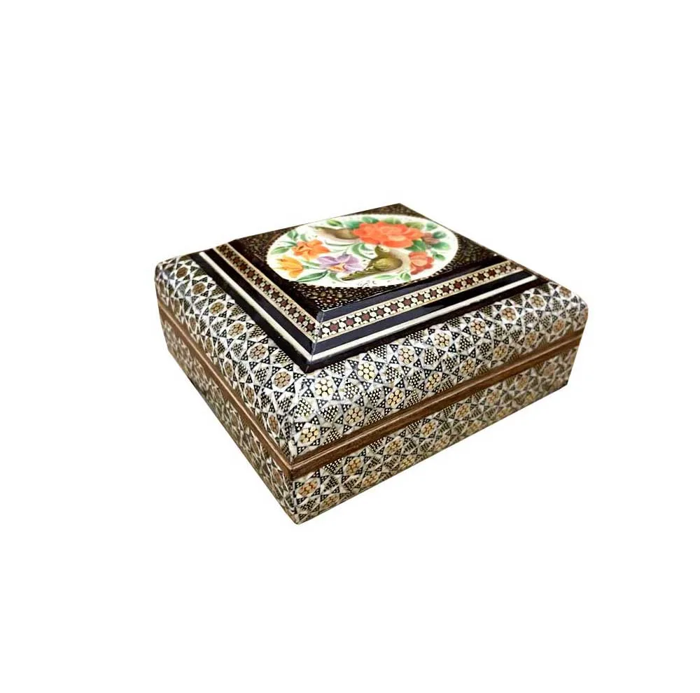 جعبه جواهرات خاتم کاری چوبی طرح گل و مرغ کد 04