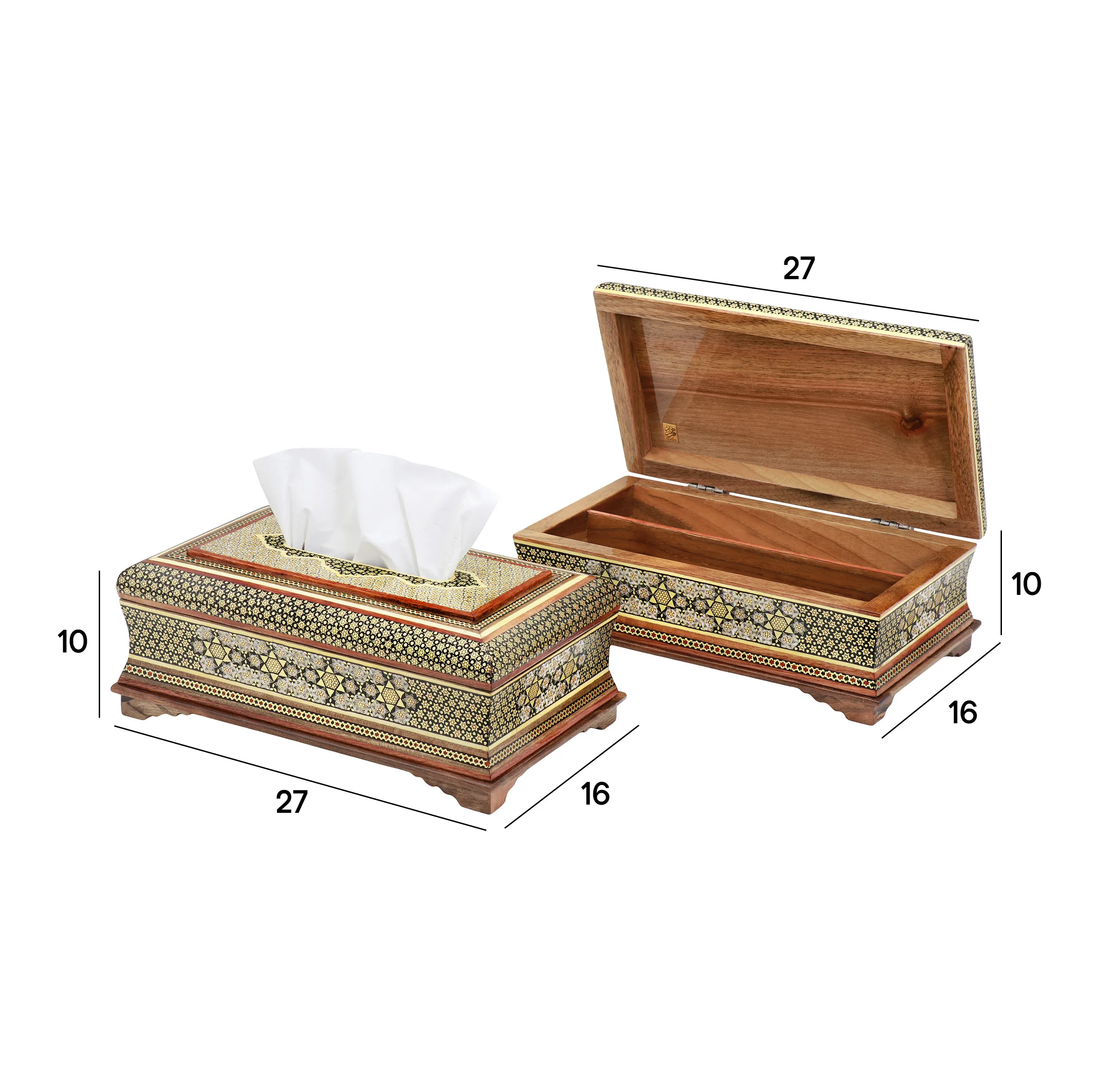 ست جعبه دستمال کاغذی و جعبه کارد و چنگال خاتم کاری فراز هنر مدل بزمینه کد 1