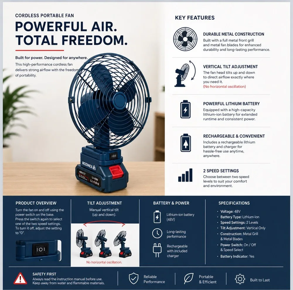 پنکه شارژی روزینکس مدل COOL SUMMER ظرفیت 2200 میلی آمپر