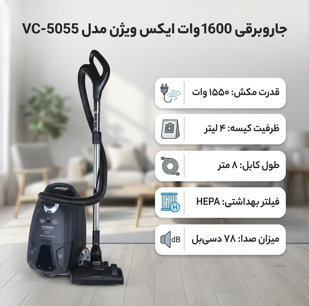 جاروبرقی 1600 وات ایکس ویژن مدل VC-5055 به همراه اتو مسافرتی 1000 وات ایکس ویژن مدل SW-602