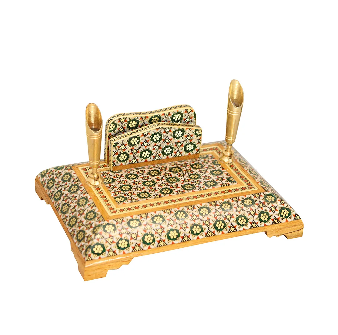 قلمدان خاتم کاری چوبی صنایع دستی فاخر مدل اداری طرح هفت شمسه کد 7sun15p10