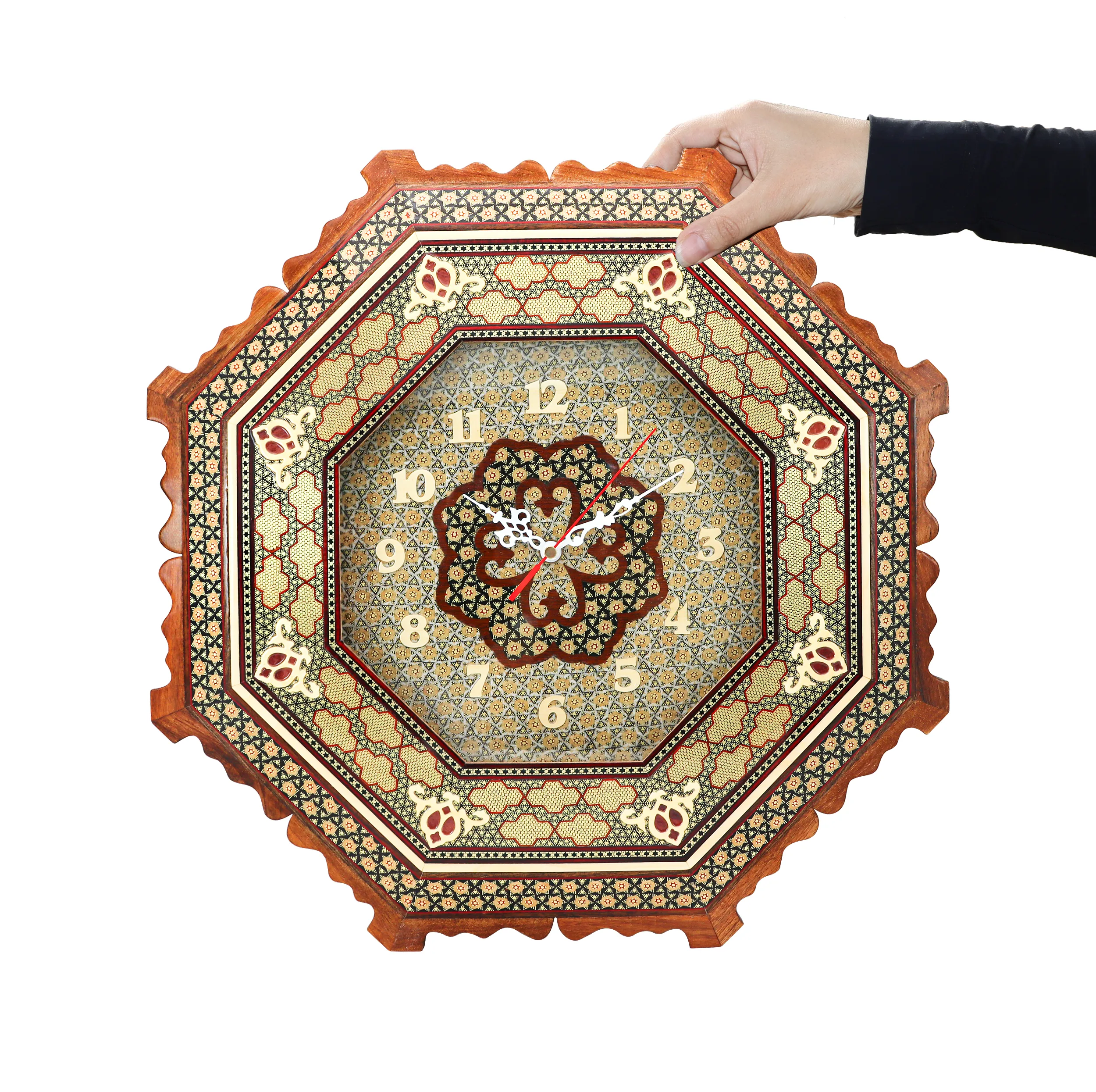 ساعت خاتم کاری چوبی صنایع دستی فاخر مدل 8 ضلعی کد HQ45d23light
