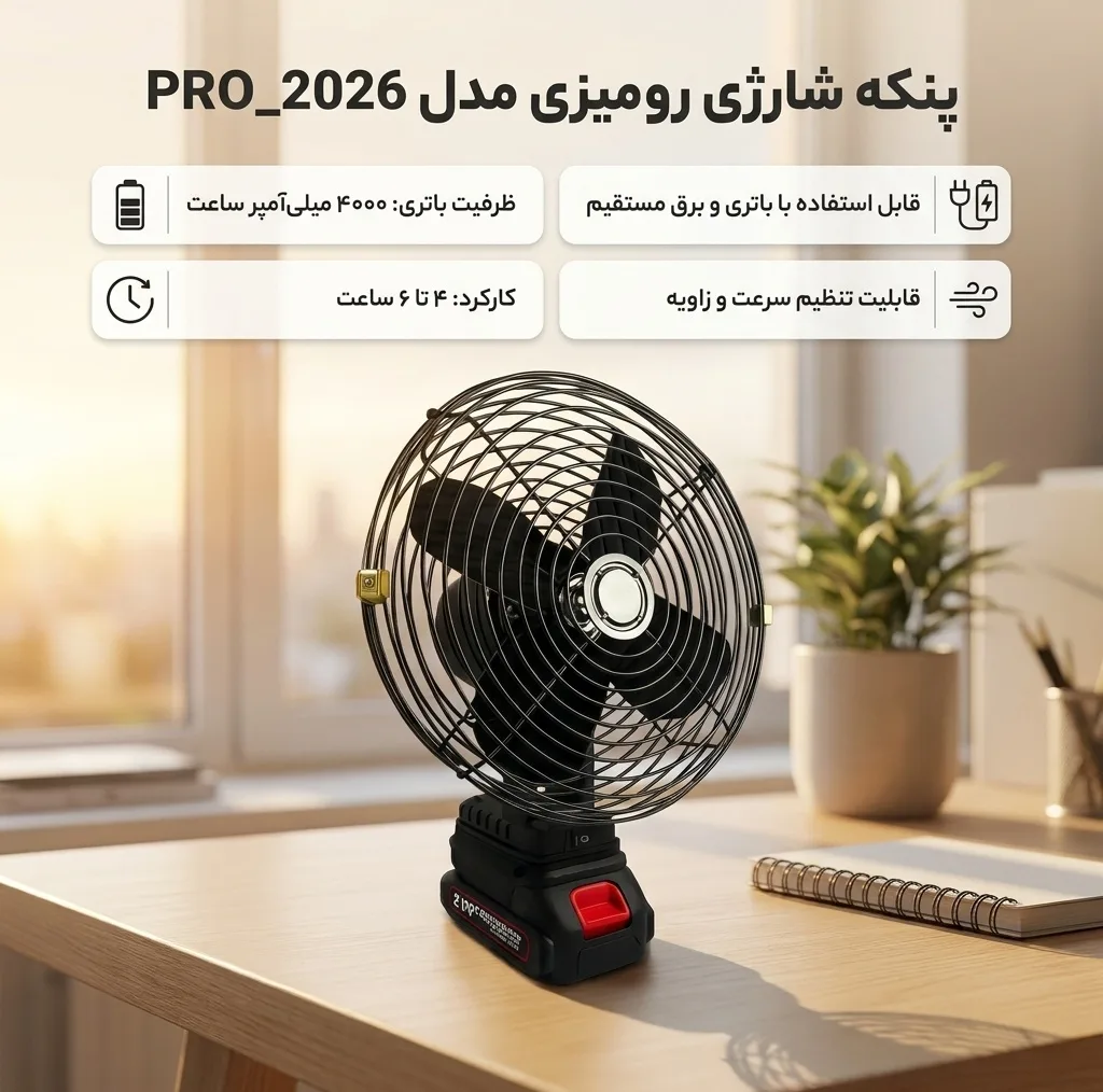 پنکه شارژی رومیزی مدل PRO_2026 ظرفیت 4000 میلی آمپر ساعت