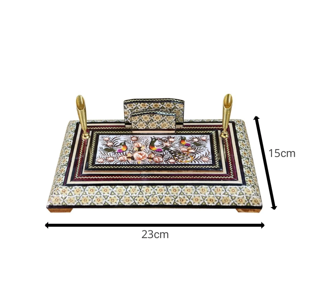 قلمدان خاتم کاری چوبی صنایع دستی فاخر مدل اداری طرح گل و مرغ برجسته کد Br24p16-3f4