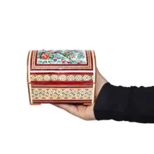 جعبه جواهرات خاتم کاری مدل مینیاتور برجسته طرح گل و مرغ کد 141010Gr2f3