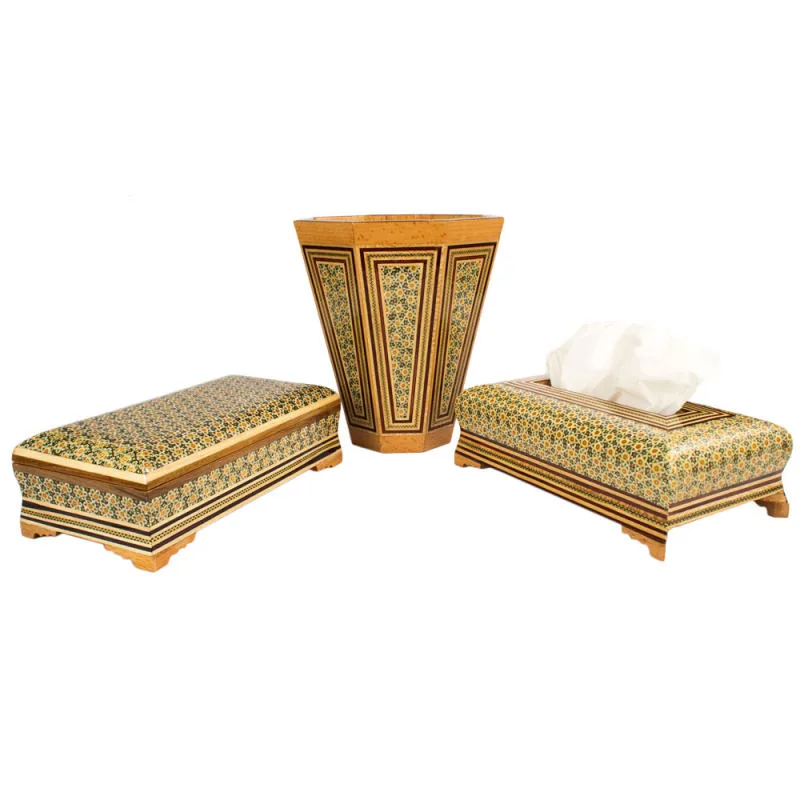 ست سه تکه جعبه دستمال کاغذی و سطل خاتم کاری کد 25-1