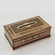 جعبه دستمال کاغذی خاتم کاری چوبی مدل کلبه ای لاله ای