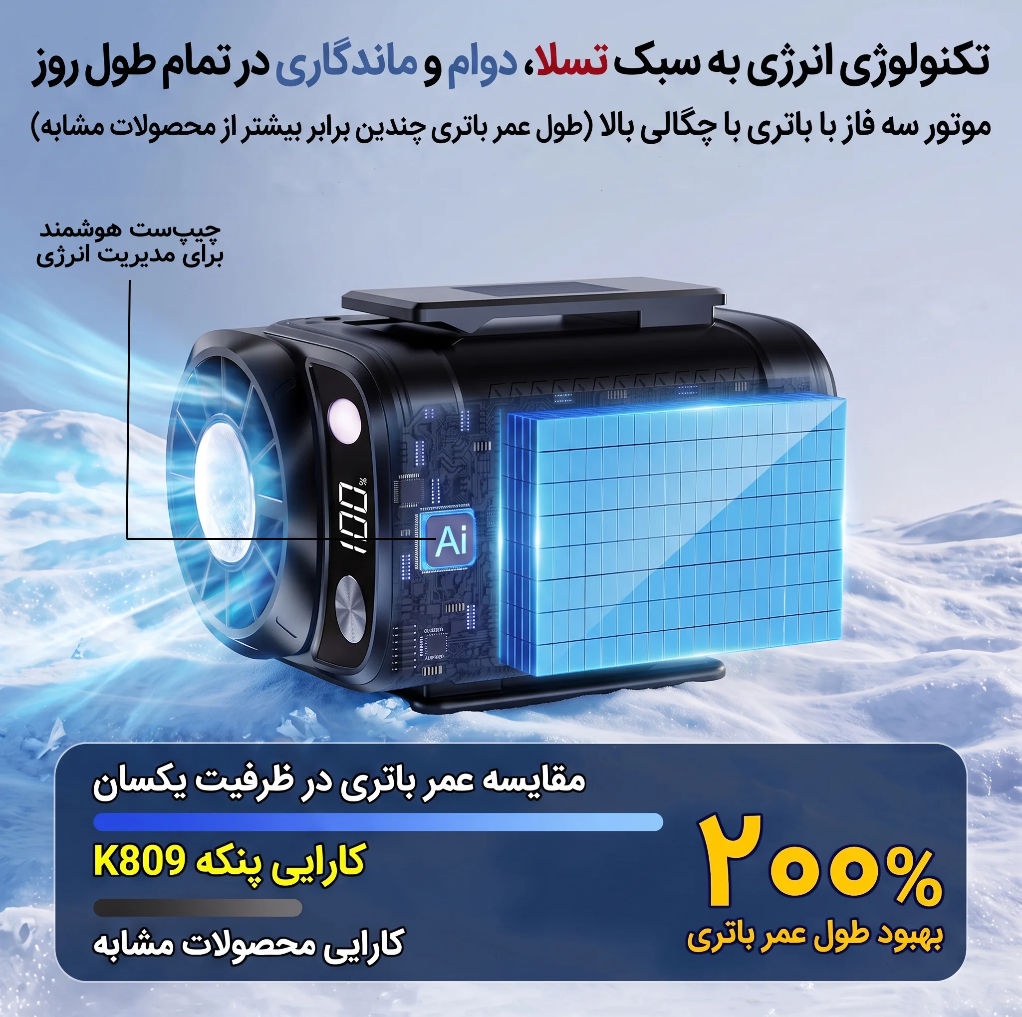 پنکه شارژی مدل کمپینگ کد K809 ظرفیت 6000 میلی آمپر ساعت