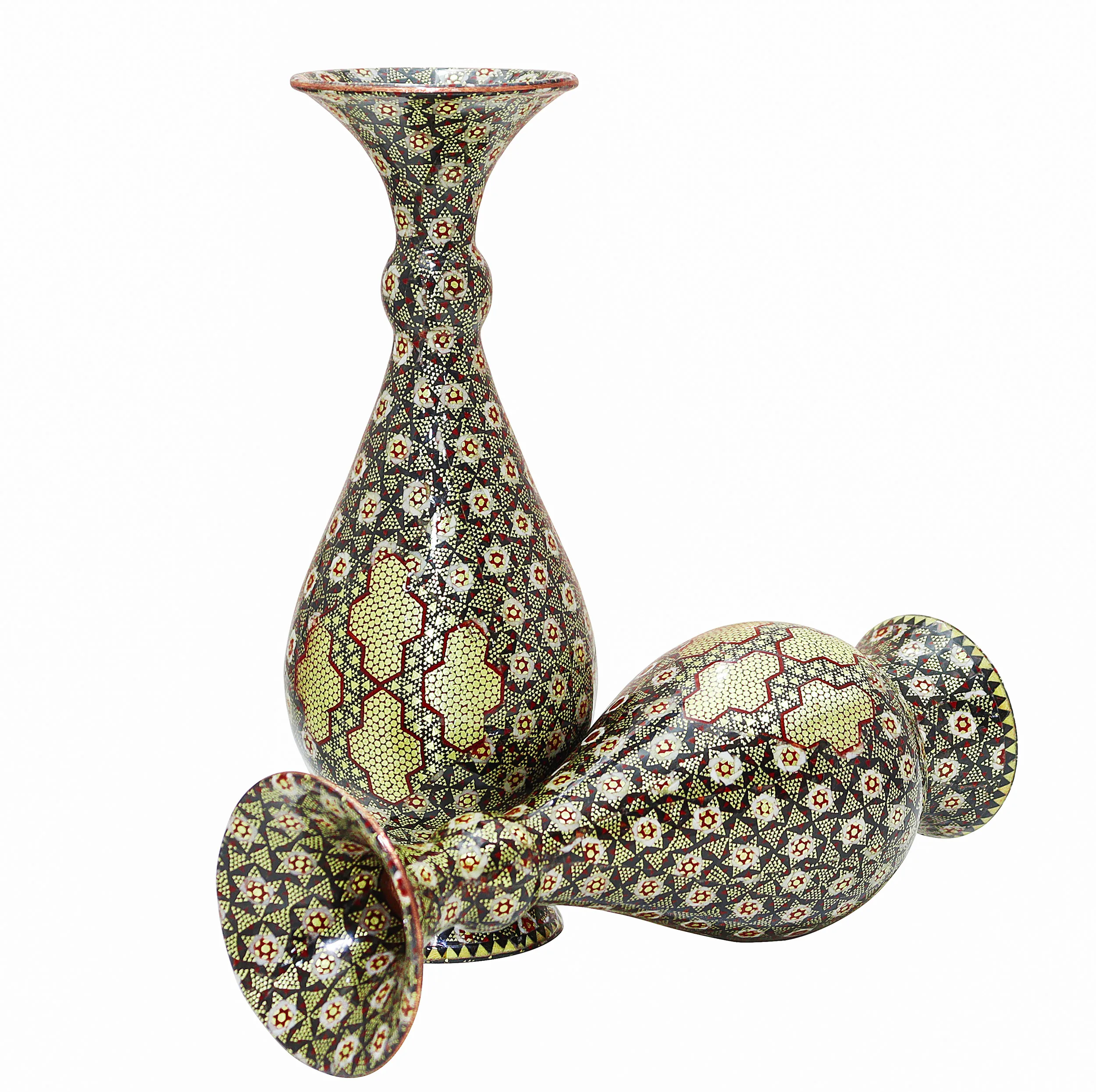 گلدان خاتم کاری مسی صنایع دستی فاخر مدل صراحی تمام خاتم طرح پرسیم کد MQDark-Vase21p7 بسته 2 عددی