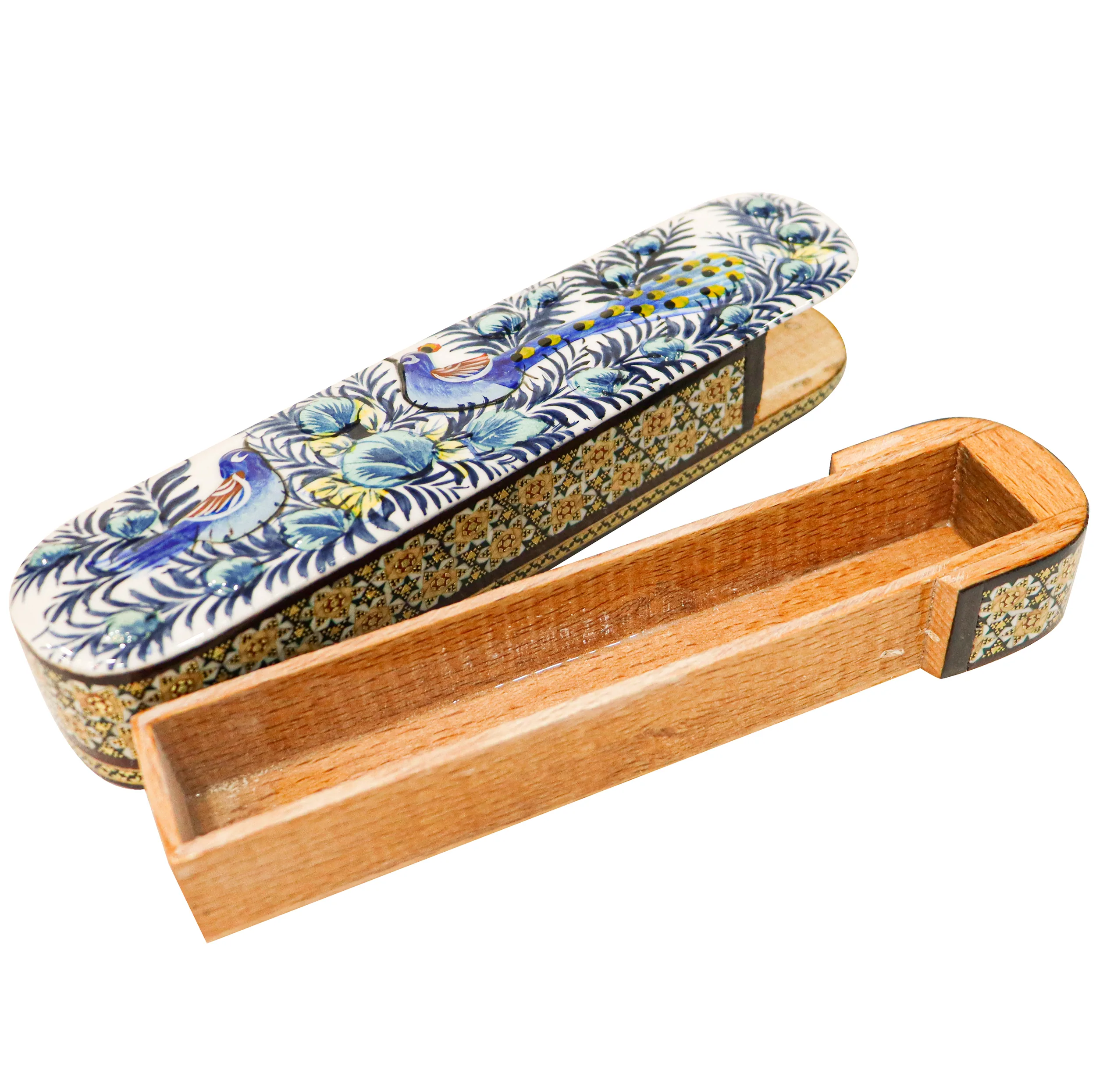 قلمدان خاتم کاری صنایع دستی فاخر مدل کشویی طرح گل و مرغ برجسته کد e30p5p5