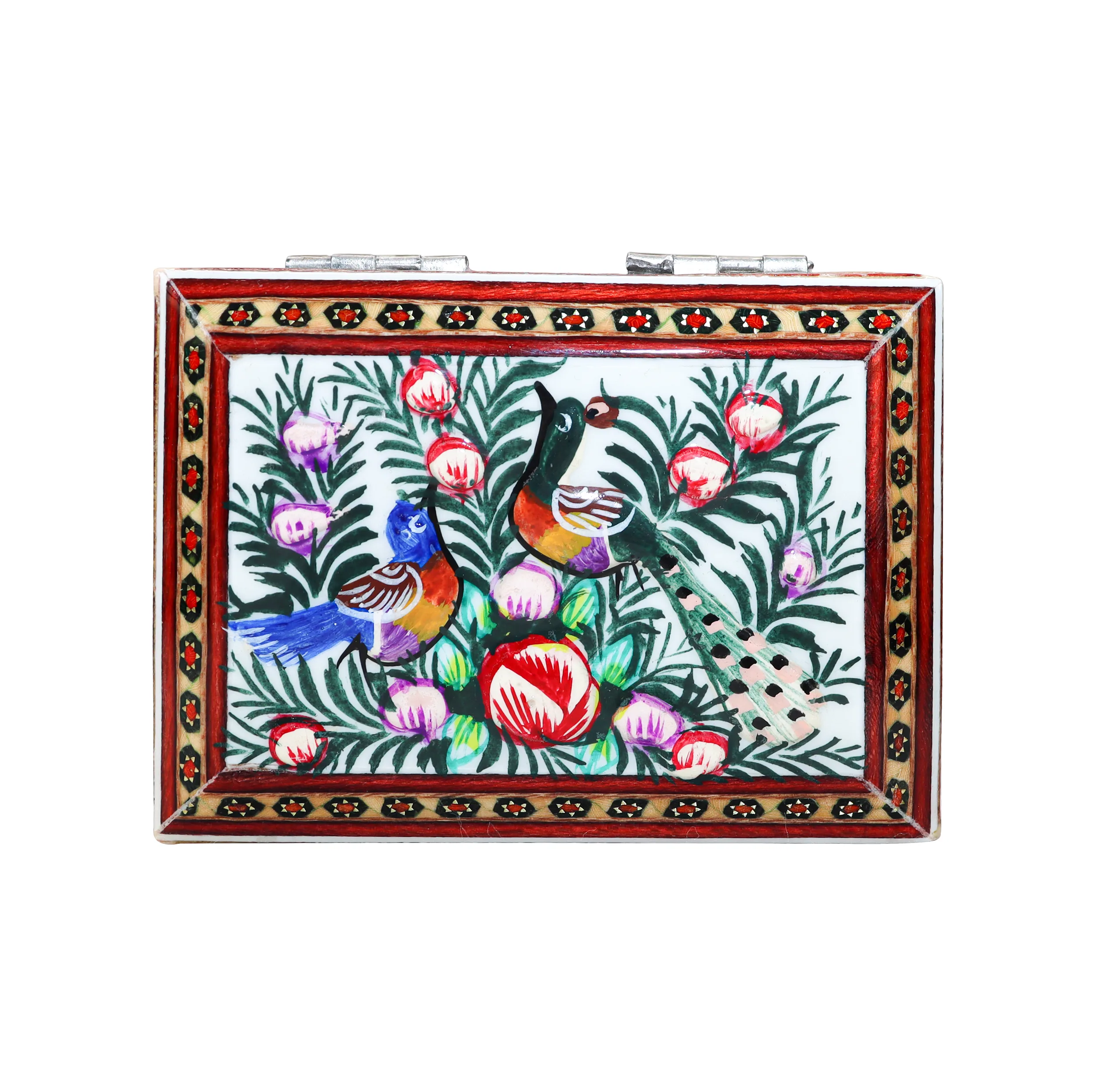 جعبه جواهرات خاتم کاری مدل مینیاتور برجسته طرح گل و مرغ کد MQ1186Gr