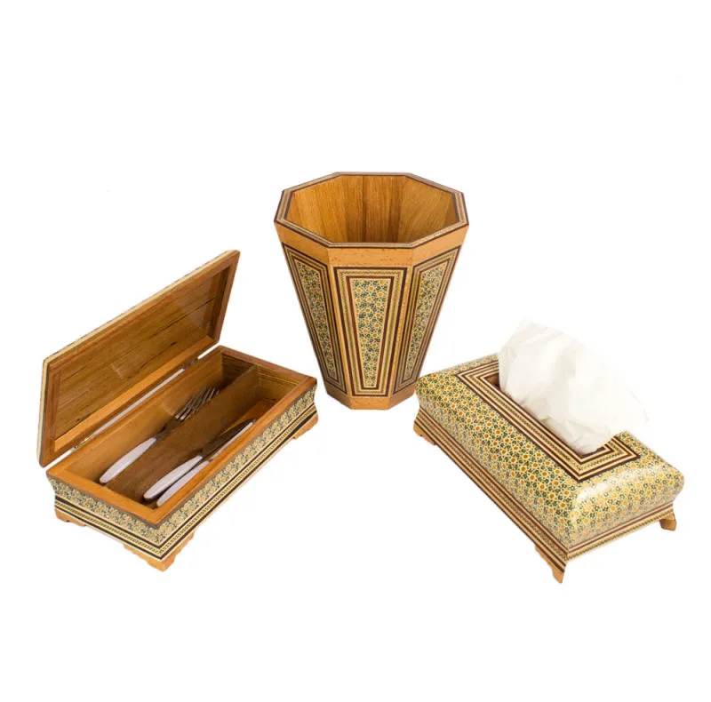 ست سه تکه جعبه دستمال کاغذی و سطل خاتم کاری کد 25-1