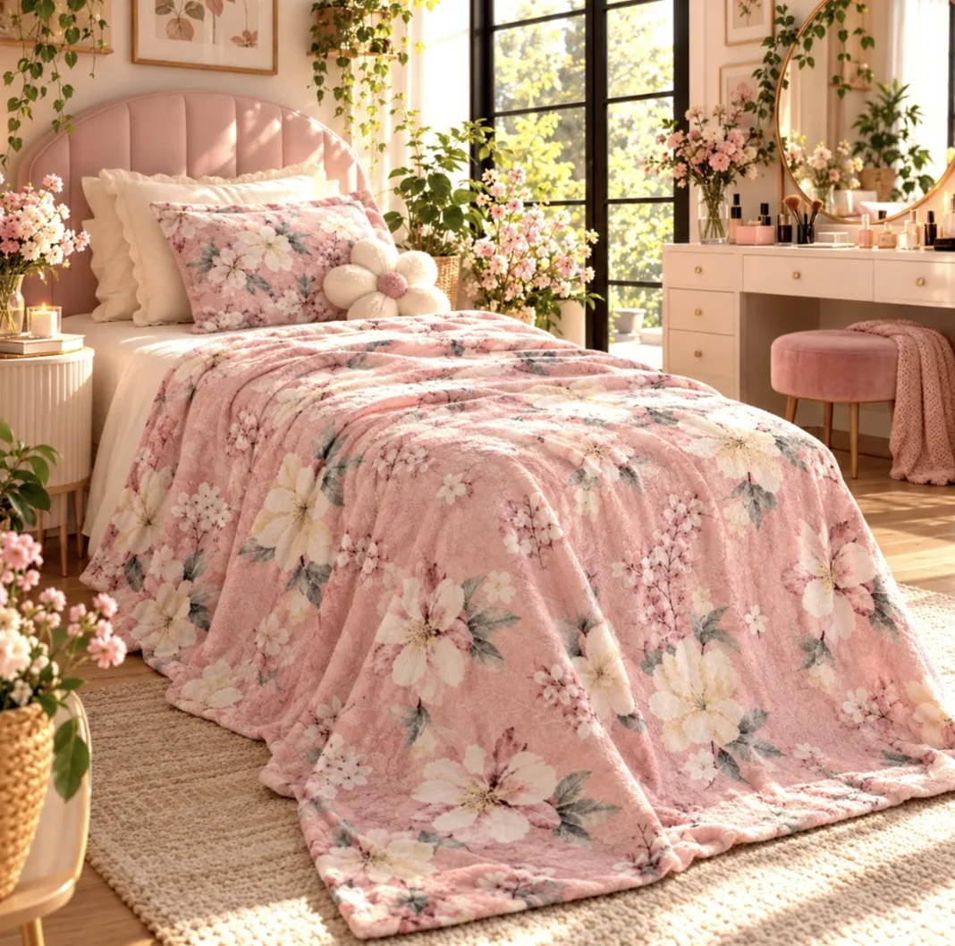 پتو مسافرتی 1 نفره طرح لیزری مدل شکوفه گیلاس سایز 160×220 سانتی‌متر