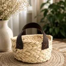 سبد حصیر بافی مدل دسته چرمی
