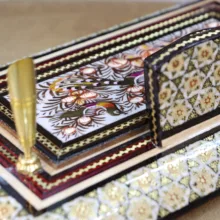قلمدان خاتم کاری چوبی صنایع دستی فاخر مدل اداری طرح گل و مرغ برجسته کد Br24p16-3f4