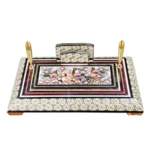 قلمدان خاتم کاری چوبی صنایع دستی فاخر مدل اداری طرح گل و مرغ برجسته کد Br24p16-3f4