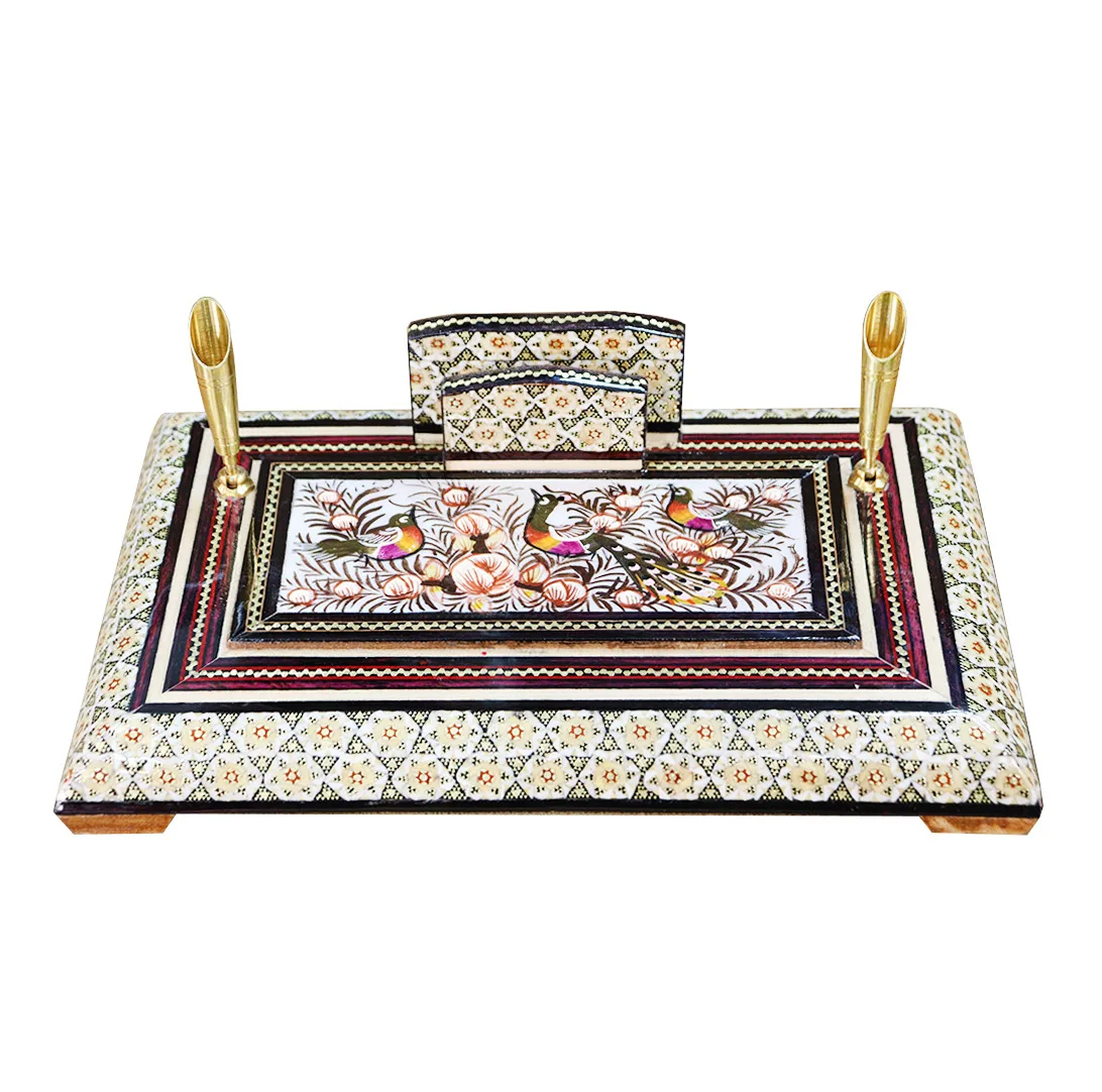 قلمدان خاتم کاری چوبی صنایع دستی فاخر مدل اداری طرح گل و مرغ برجسته کد Br24p16-3f4