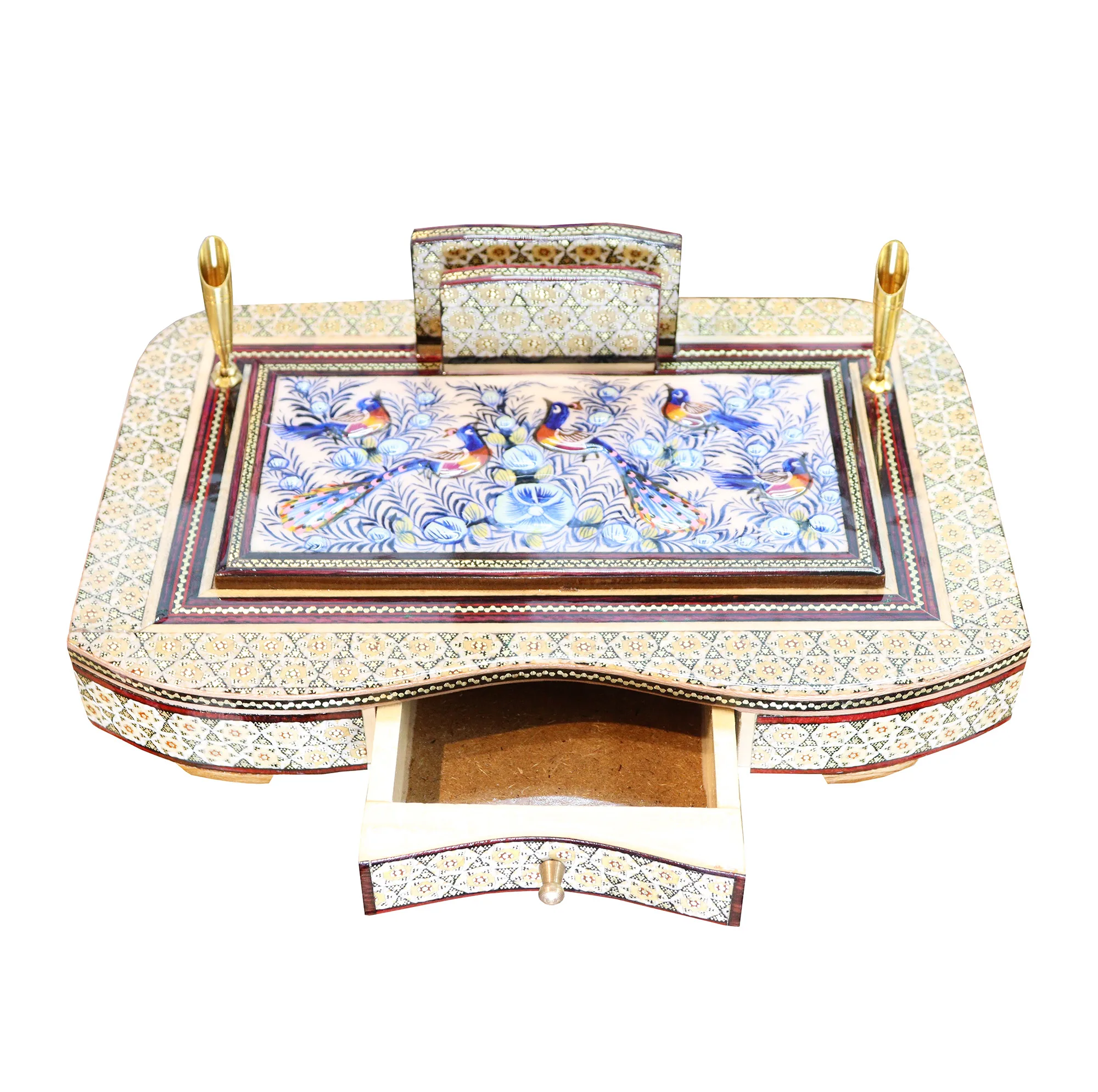 قلمدان خاتم کاری چوبی صنایع دستی فاخر مدل مدیریتی طرح گل و مرغ برجسته کد Bl30p20-2f2