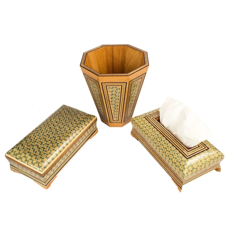 ست سه تکه جعبه دستمال کاغذی و سطل خاتم کاری کد 25-1