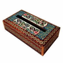 جعبه دستمال کاغذی خاتم کاری چوبی طرح گل و مرغ مدل شیدا کد S3P