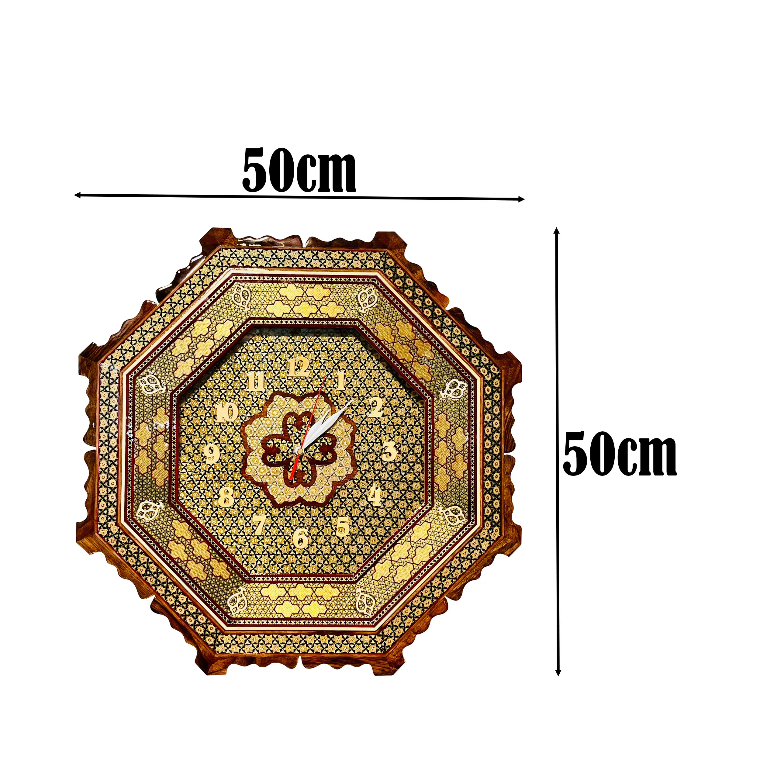 ساعت دیواری خاتم‌ کاری صنایع دستی فاخر مدل سلطنتی طرح زرگون کد PHQGldenDark_Cr50in30-3f3