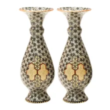 گلدان خاتم کاری مسی صنایع دستی فاخر مدل صراحی طرح پرسیم کد PHQDkGr-Vase16p5 بسته 2 عددی