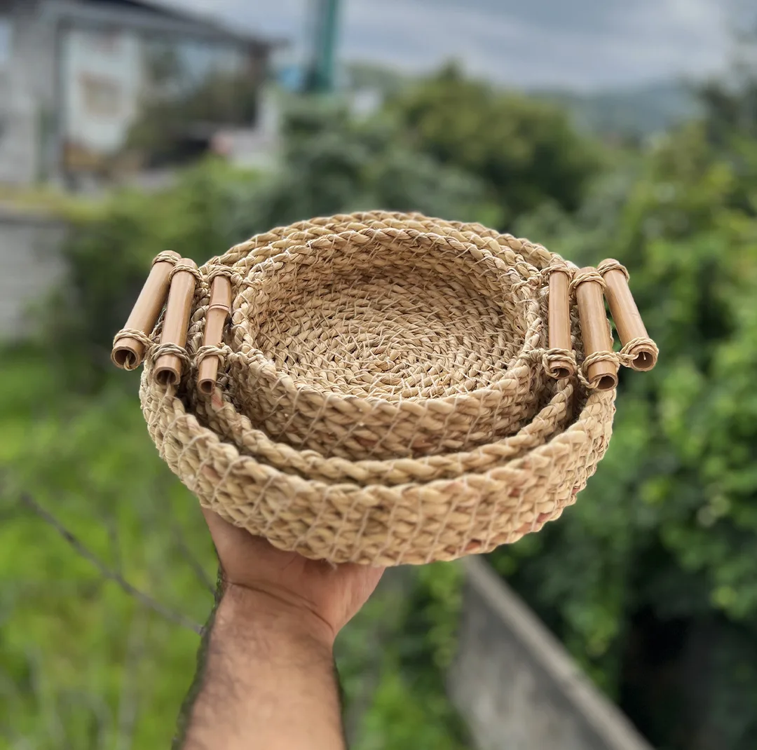 سبد حصیری مدل دسته بامبو مجموعه سه عددی