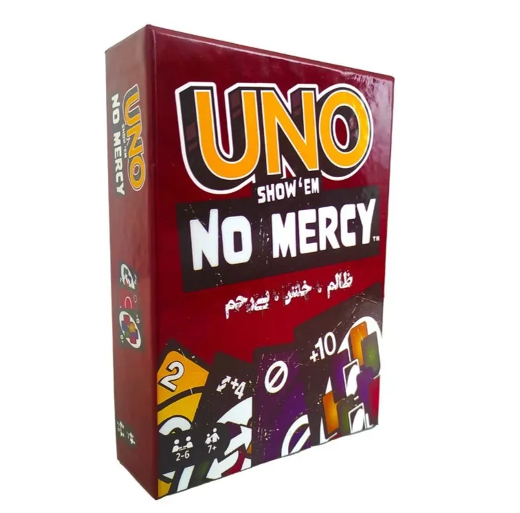 بازی فکری کارتی مدل بردکده Uno No Mercy با 168 کارت، رقابتی برای 2 تا 6 نفر، مناسب 7 سال به بالا، دارای 4 قانون خاص و 6 کارت اکشن جذاب با راهنمای فارسی و برای تقویت تمرکز و قدرت تصمیم‌گیری