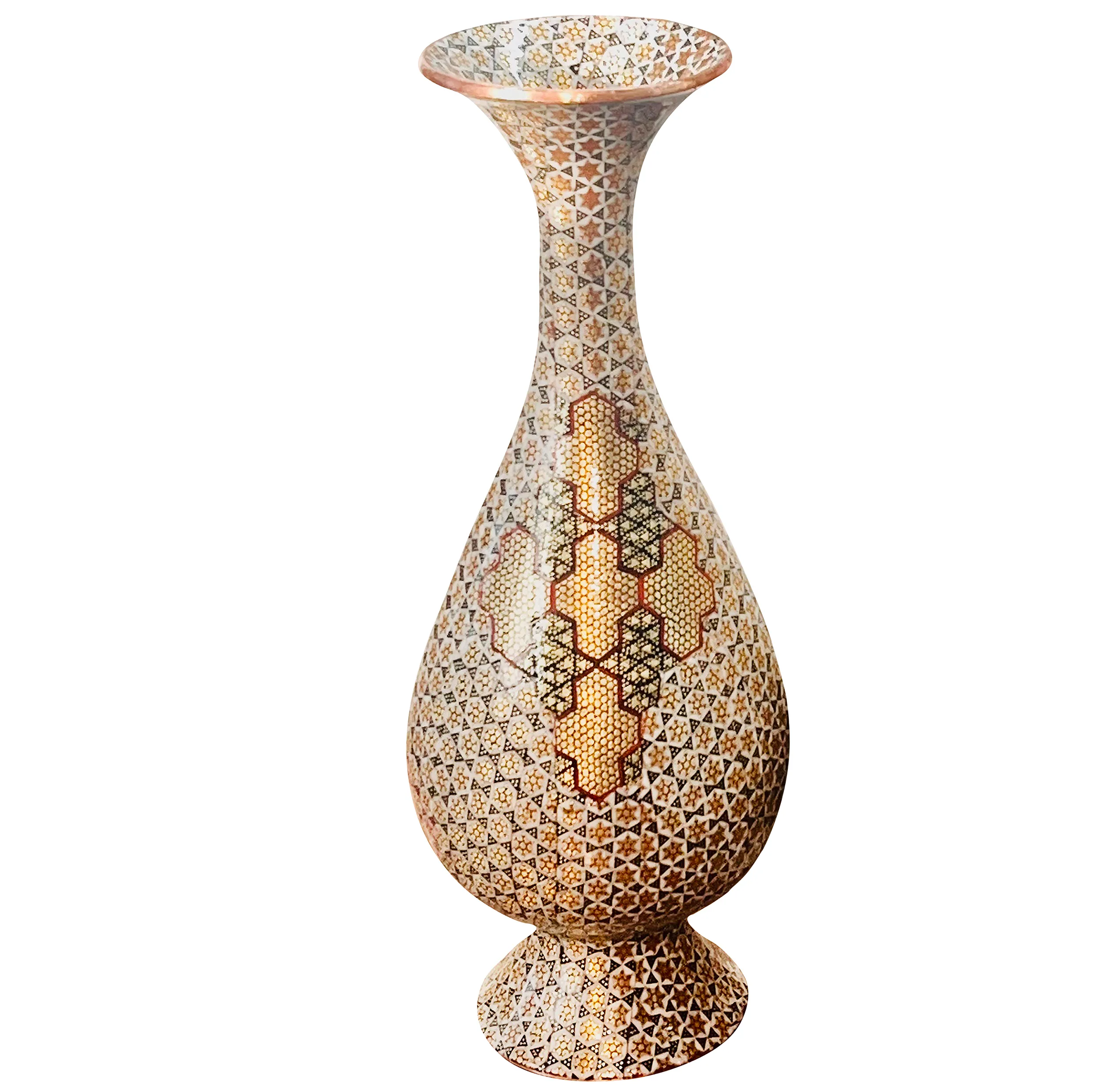 گلدان خاتم کاری مسی صنایع دستی فاخر مدل صراحی طرح پرسیم کد HQLight-Vase25p10 بسته 2 عددی