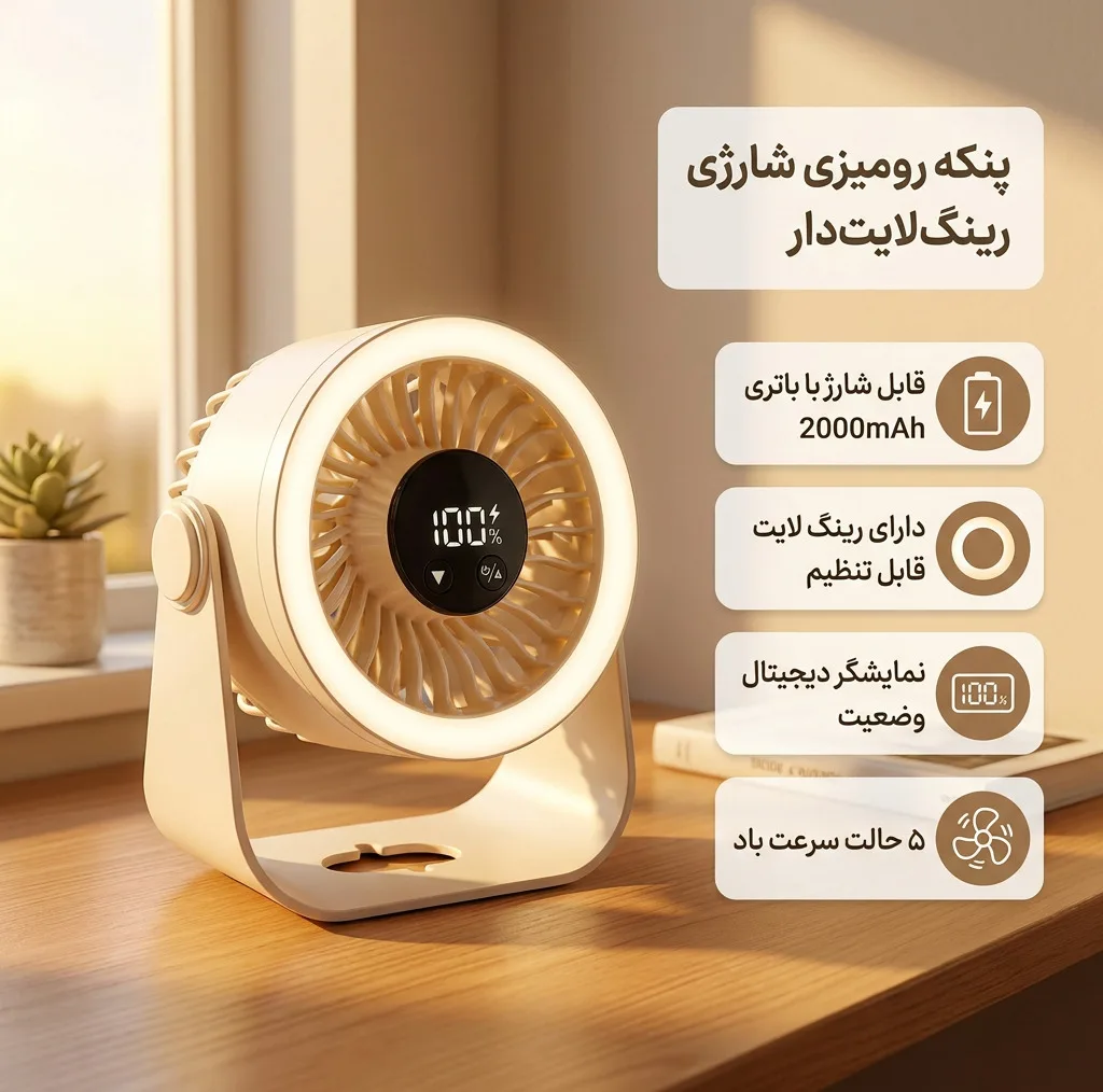 پنکه رومیزی شارژی مدل رینگ لایت دار ظرفیت ۲۰۰۰ میلی آمپر ساعت