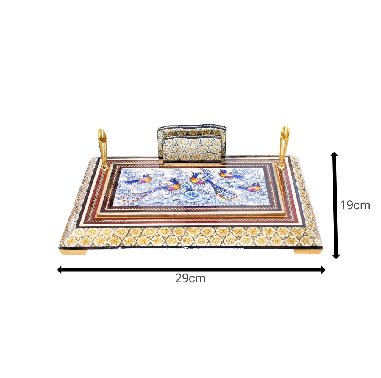 قلمدان خاتم کاری چوبی صنایع دستی فاخر مدل اداری طرح گل و مرغ برجسته کد Bl30p20-4f4