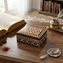 جا سکه ای خاتم کاری چوبی صنایع دستی فاخر مدل درب دار ممتاز طرح خورشیدی کد HQRdRect7p5