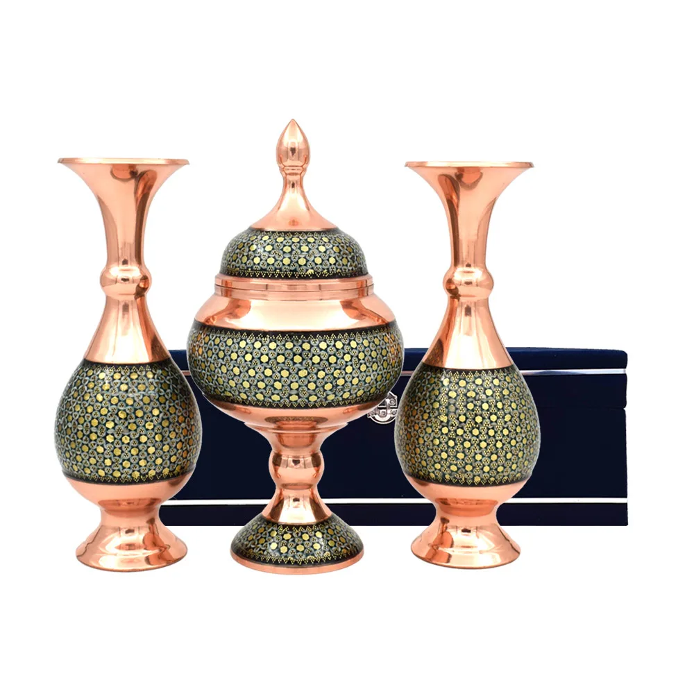ست 3 تکه گلدان و شکلات خوری خاتم کاری مسی کد 20