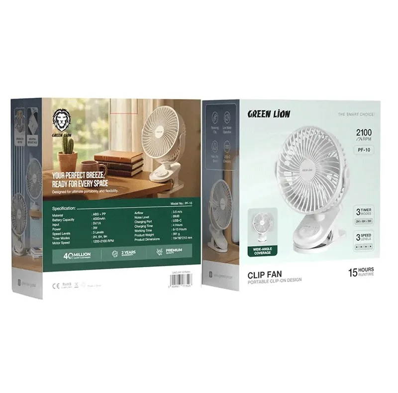 پنکه گیرهای شارژی گرین لاین مدل clip fan ظرفیت 4000 میلی آمپر ساعت