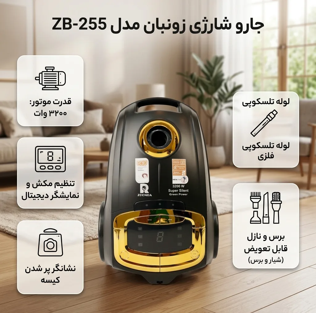 جاروبرقی کیسه ای 3200 وات زونبان مدل ZB-255