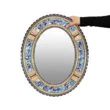 آینه خاتم کاری چوبی صنایع دستی فاخر مدل الیپس طرح گل و مرغ برجسته کد 56p46-2f4Bl