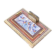 قلمدان خاتم کاری چوبی صنایع دستی فاخر مدل اداری طرح گل و مرغ برجسته کد Bl30p20-4f4