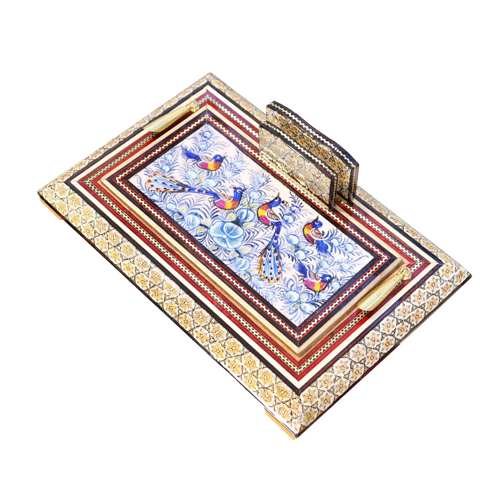 قلمدان خاتم کاری چوبی صنایع دستی فاخر مدل اداری طرح گل و مرغ برجسته کد Bl30p20-4f4