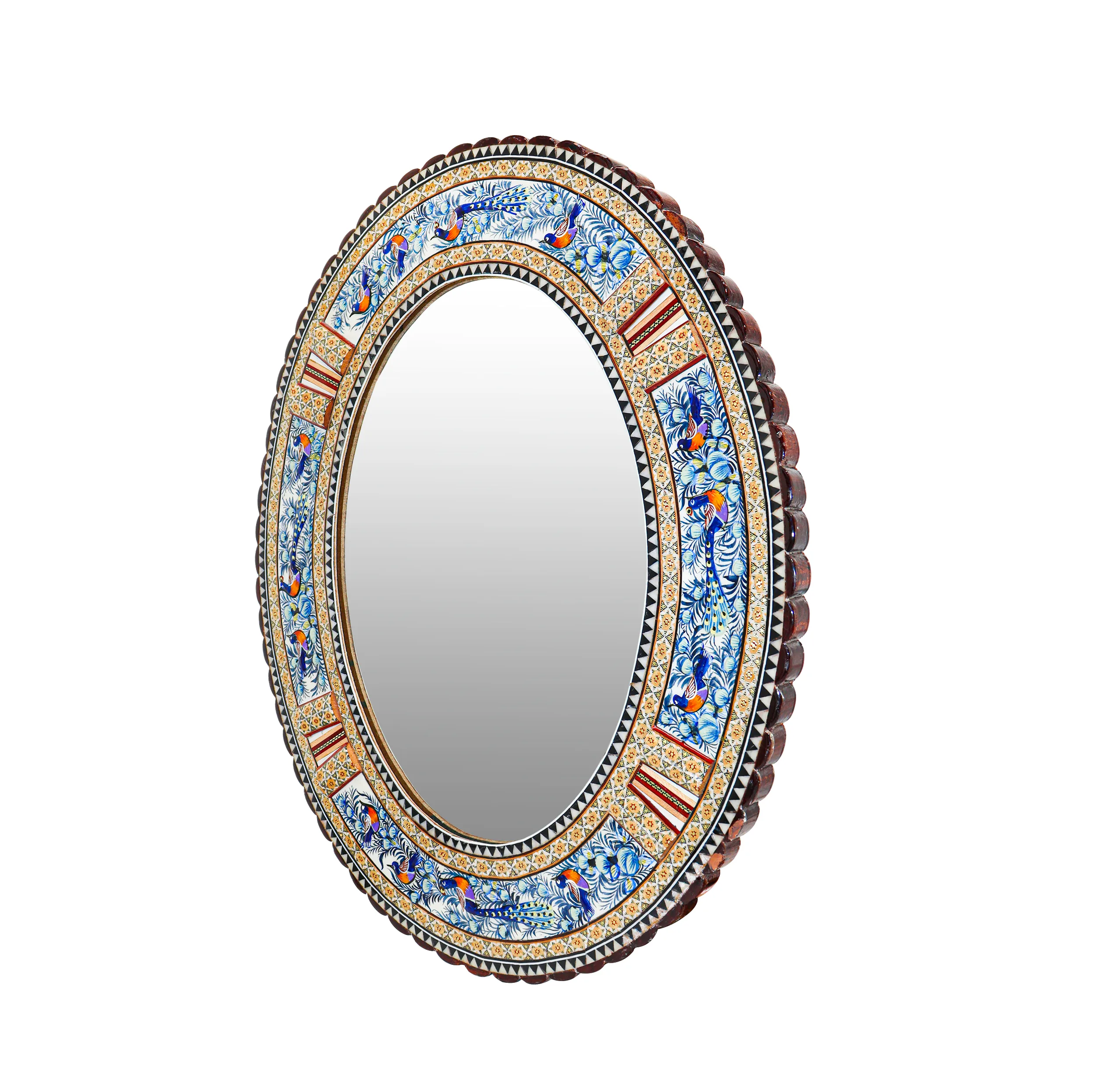 آینه خاتم کاری چوبی صنایع دستی فاخر مدل الیپس طرح گل و مرغ برجسته کد 56p46-2f4Bl