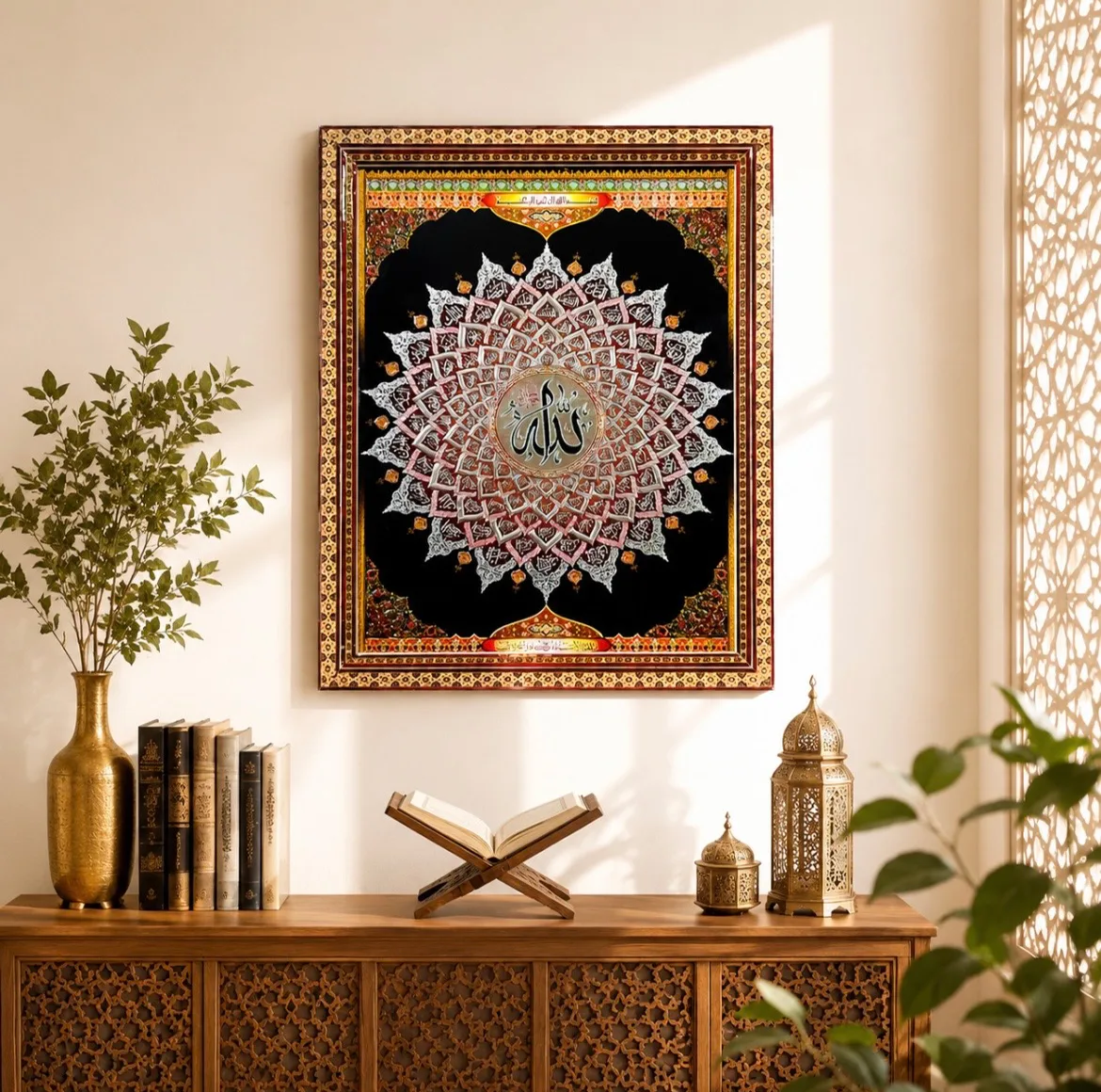 تابلو خاتم کاری چوبی صنایع دستی فاخر مدل سنتی تک گل طرح اسماء الحسنی کد MQTrad45p35in4030Vert-6f6