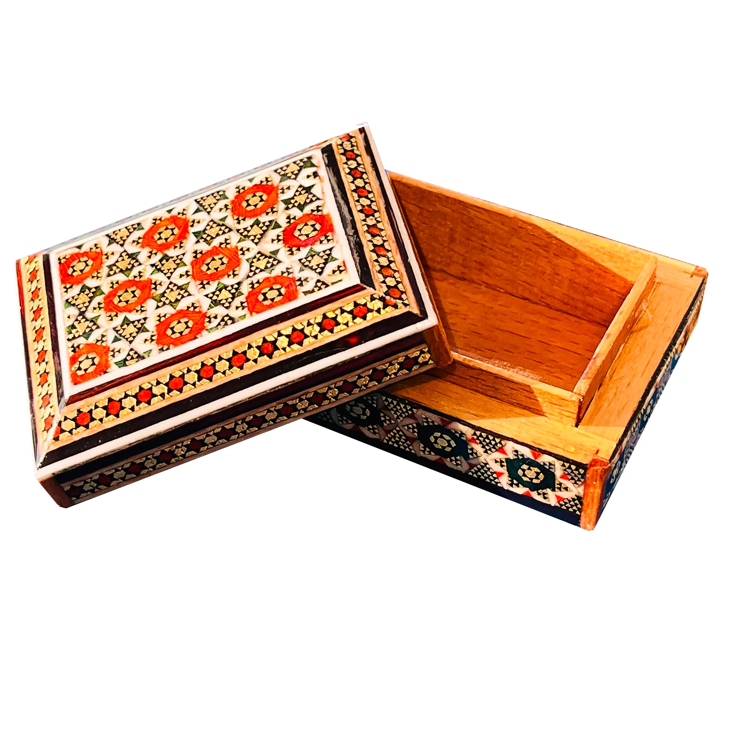 جا سکه ای خاتم کاری چوبی صنایع دستی فاخر مدل درب دار ممتاز طرح خورشیدی کد HQRdRect7p5