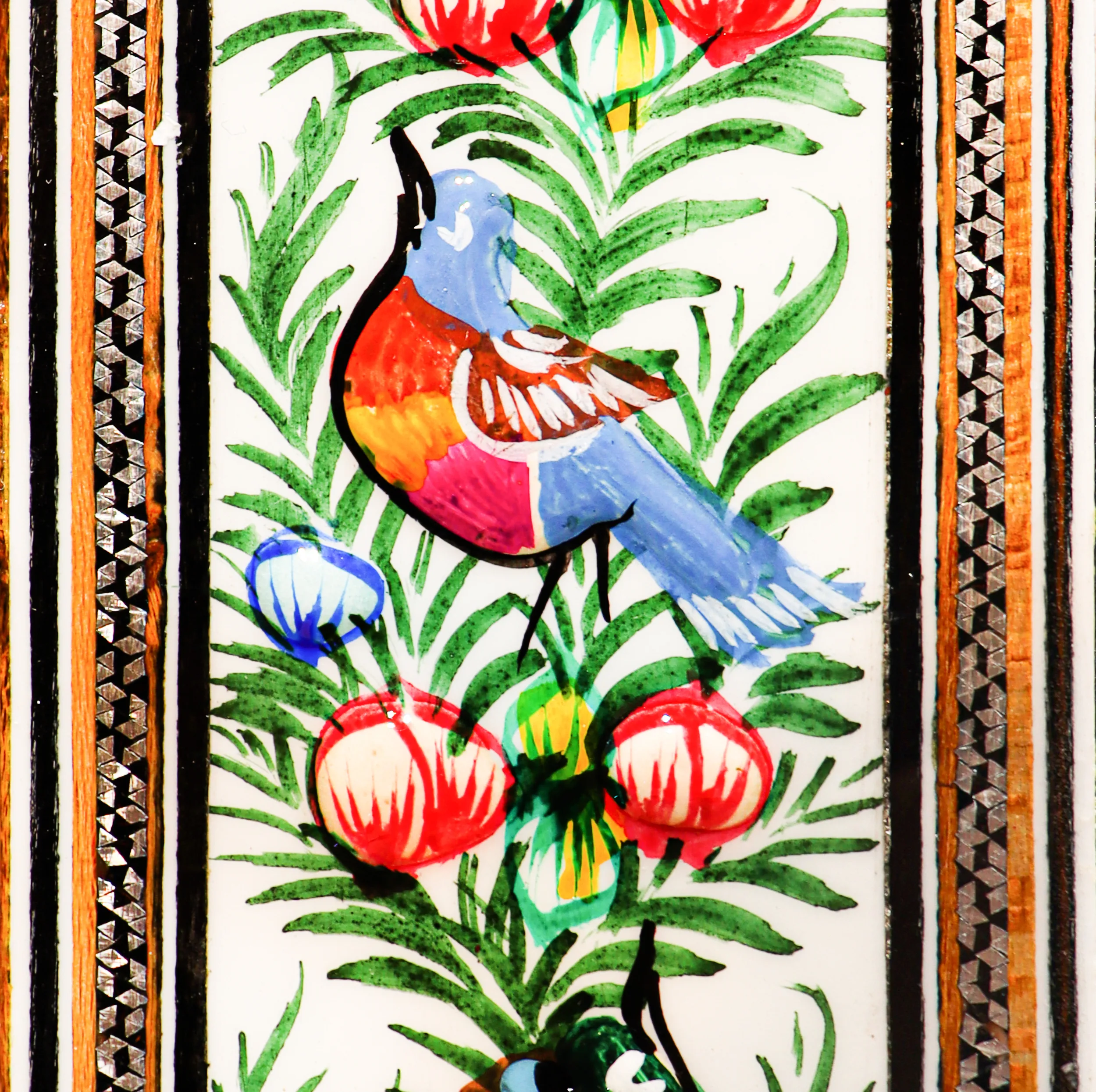 آینه خاتم کاری صنایع دستی فاخر مدل مینیاتوری طرح نقاشی گل و مرغ برجسته کد GrBl40p34in3024-5f6