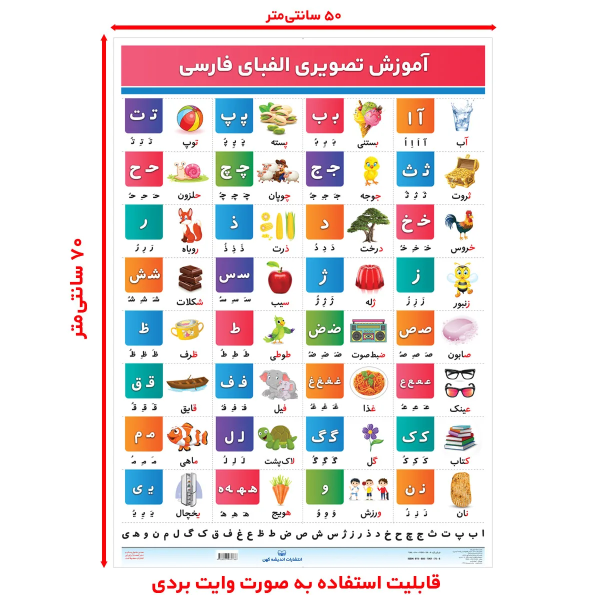 پوستر آموزشی انتشارات اندیشه کهن مدل جدول ترکیب صامت ها و مصوت ها و جدول الفبا فارسی مجموعه 2 عددی