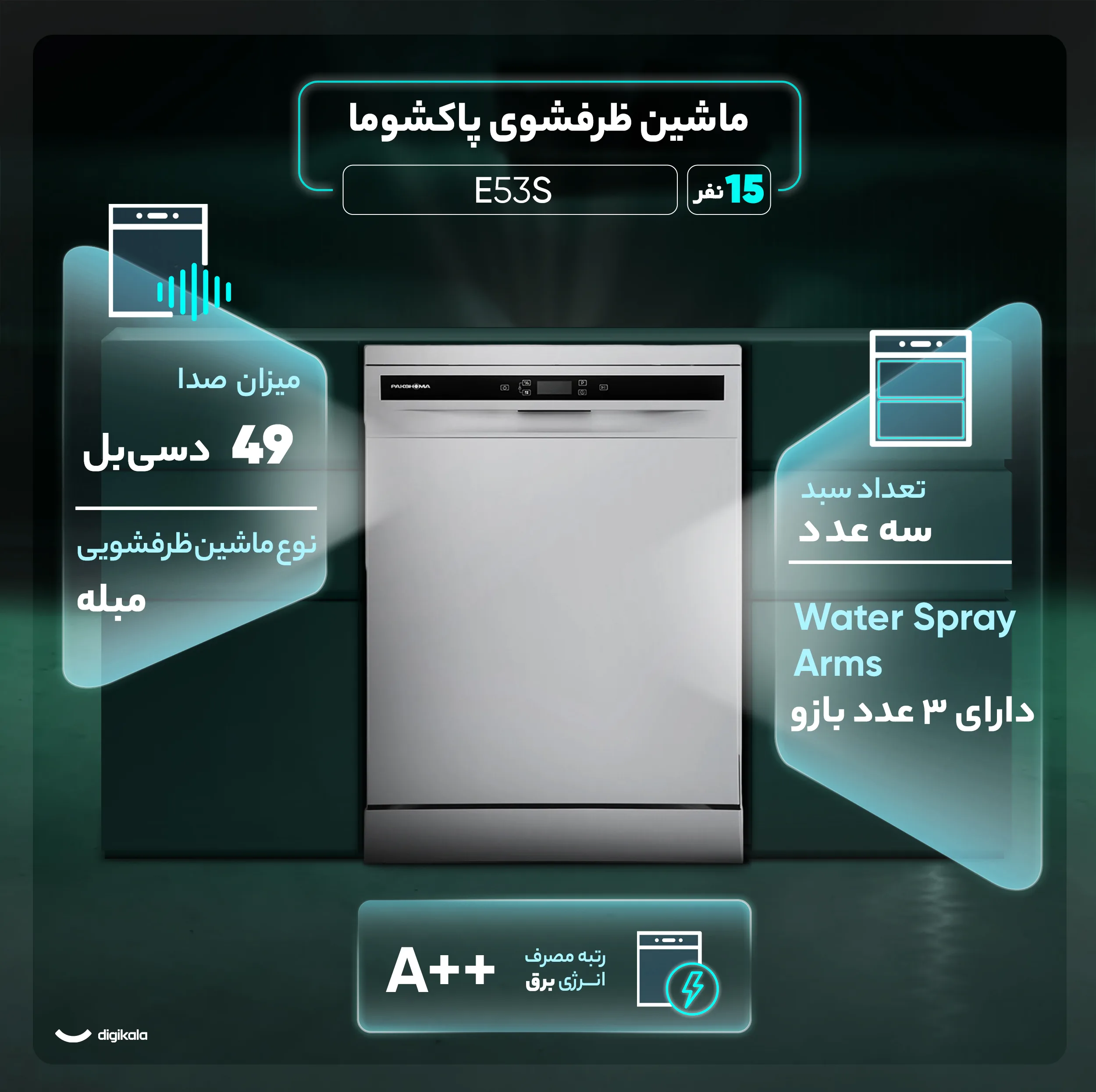 ماشین ظرفشویی 15 نفره پاکشوما مدل E۵۳S